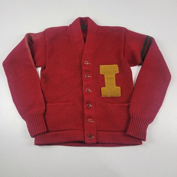 Vintage 50s 60s Wool Trojan Red Cardigan Sweater Made In Bay City Michigan Sz M